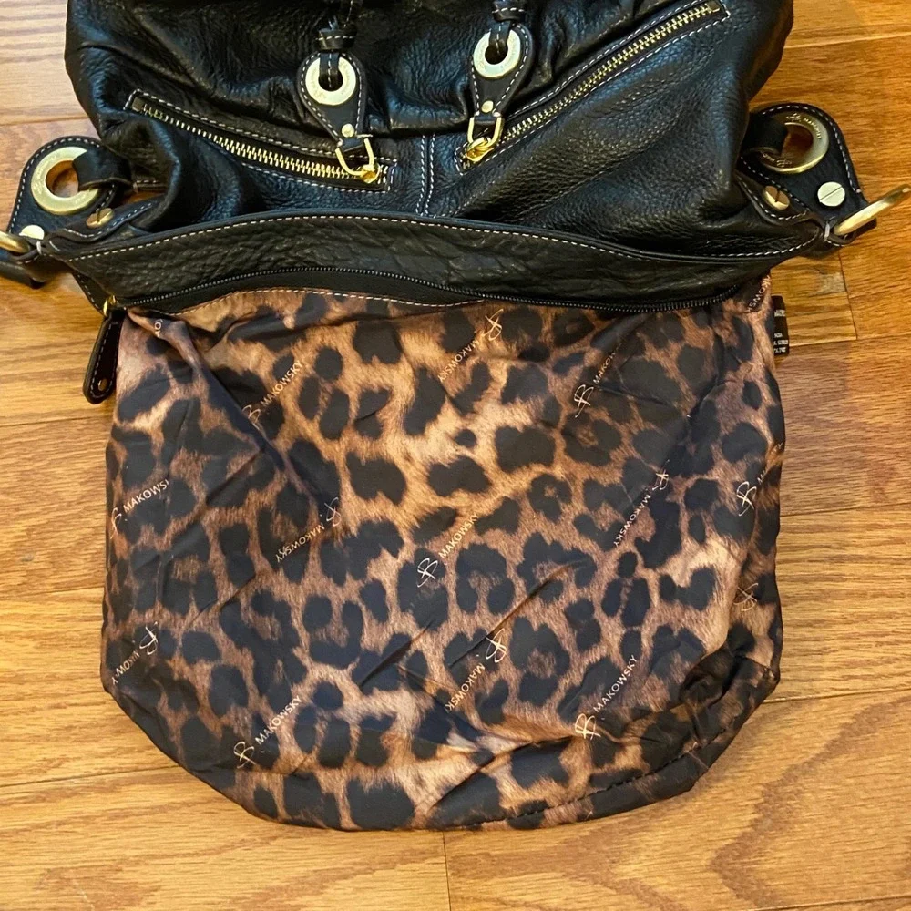 B Makowsky Black Leather Hobo Shoulder Purse Gold Hardware Leopard Lrg Slouchy